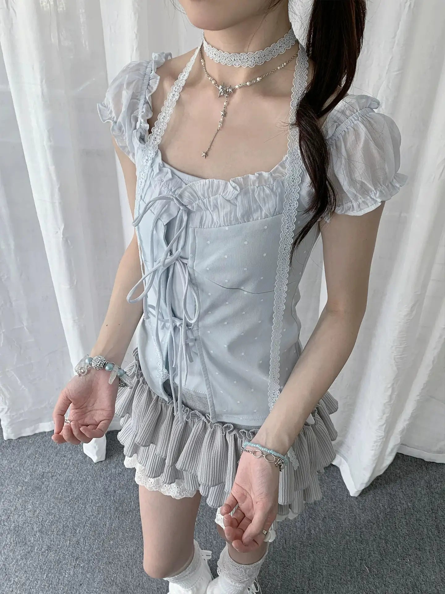 Sweet Faux Layered Puff Sleeve Tee oliviroa オリヴィオラ