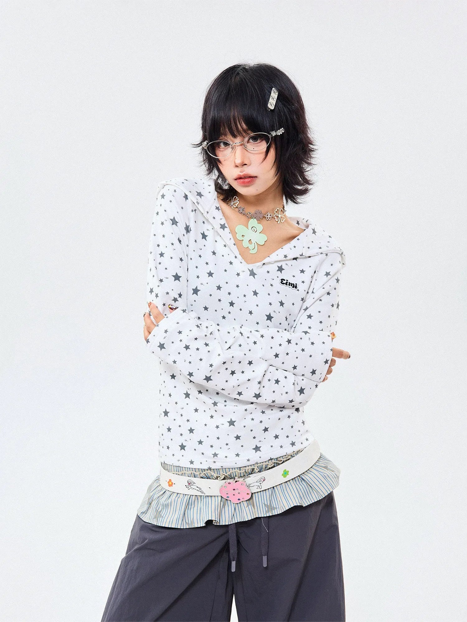 Star Wing Print Hooded Long Sleeve Fitted Top oliviroa オリヴィオラ