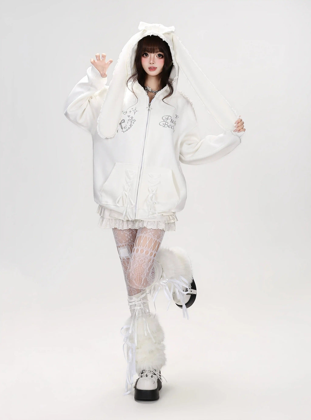 Lace Bunny Ear Bow Hooded Jacket OL2396