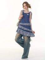 Asymmetrical Hem Blue Plaid Cami Dress OL2262