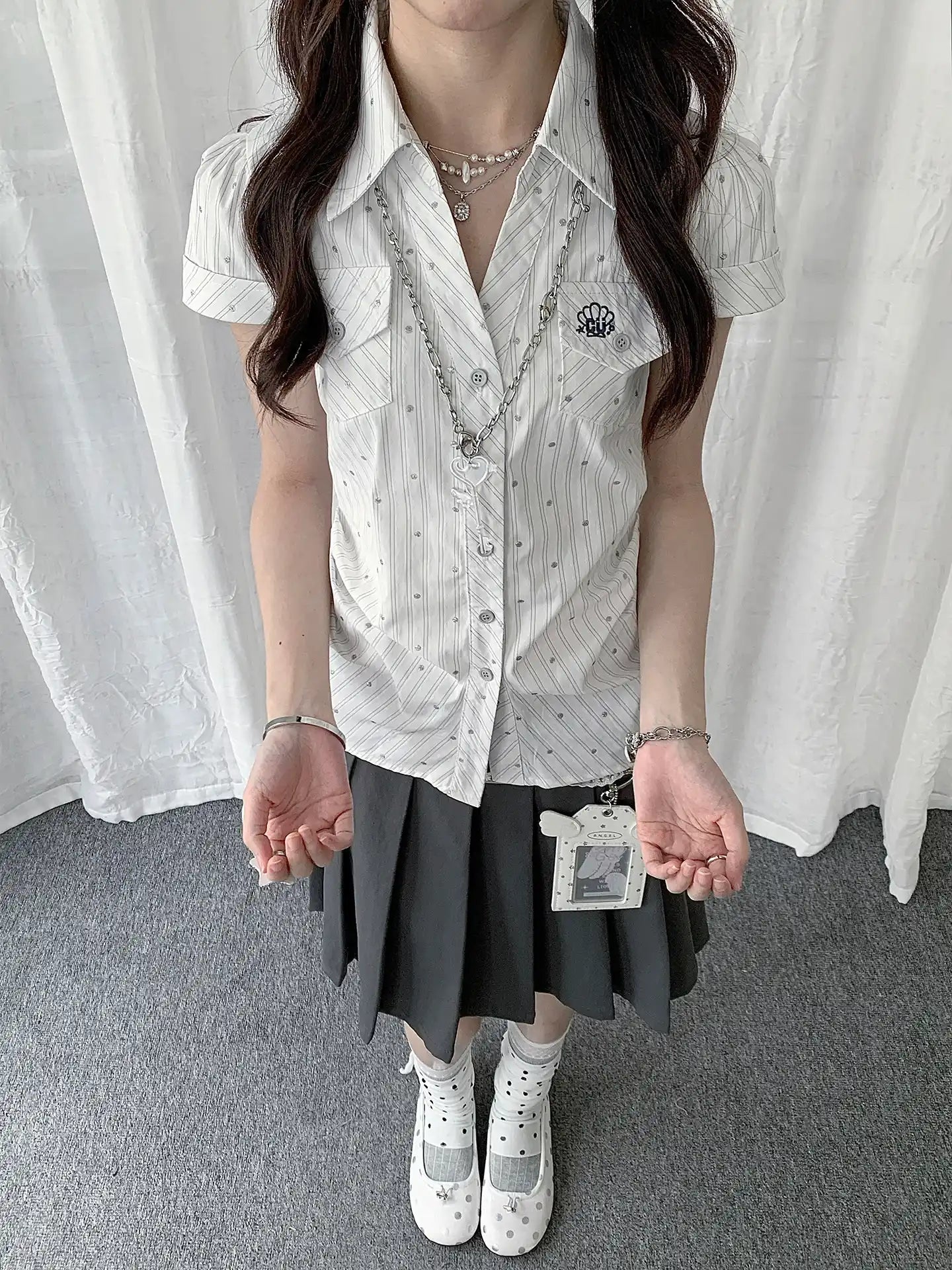 Polka Dot Stripe Slim Fit Shirt oliviroa オリヴィオラ
