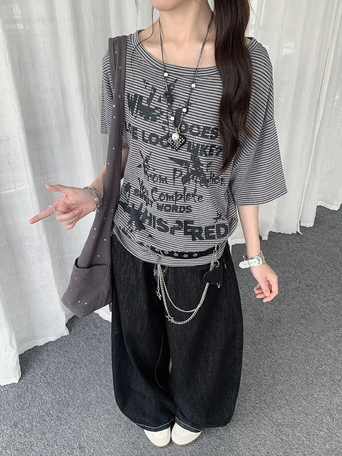 Vintage Stripe Drawstring Shoulder T-Shirt oliviroa オリヴィオラ