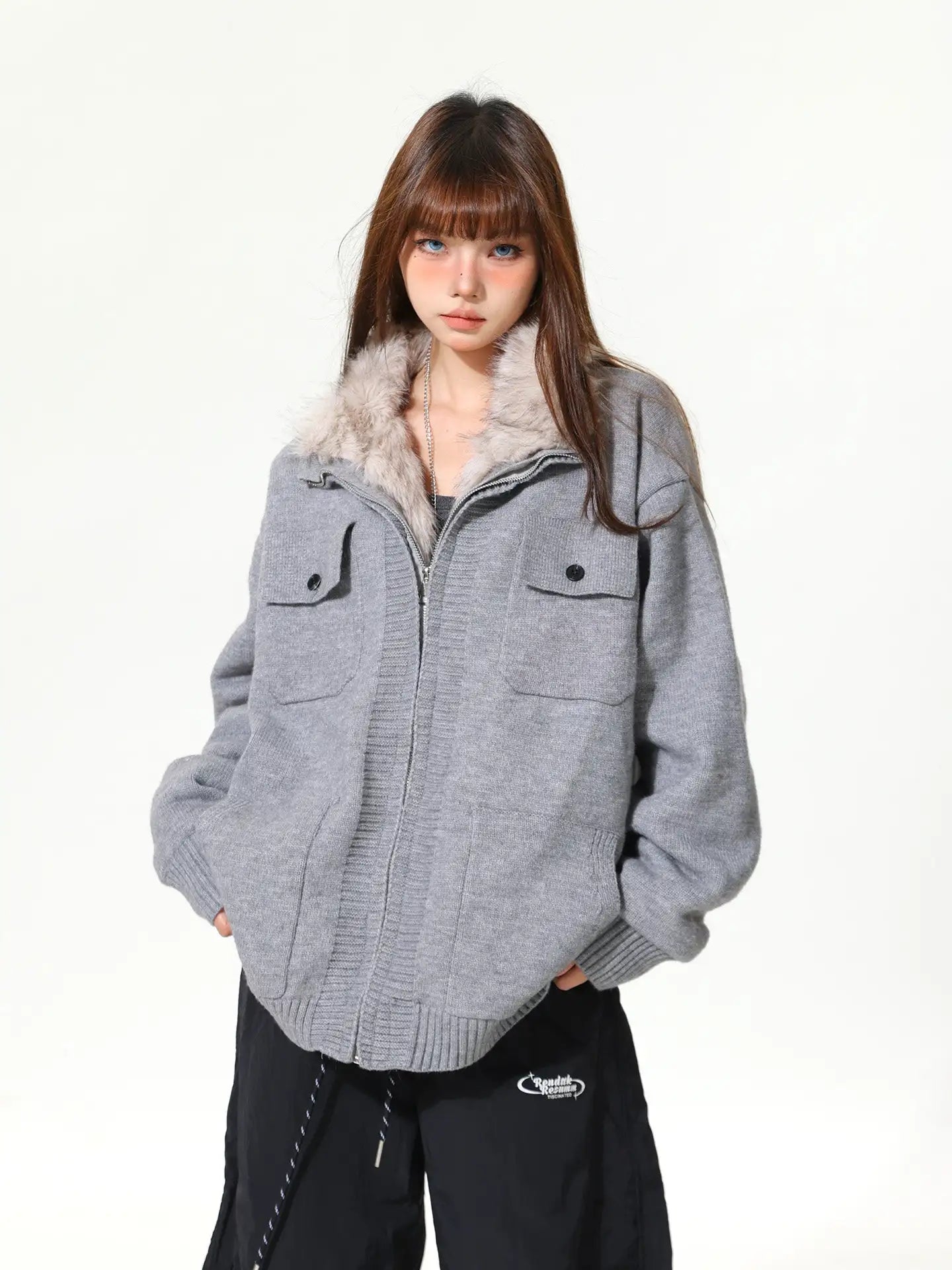 Premium Faux Fur Collar Loose Cardigan  oliviroa オリヴィオラ