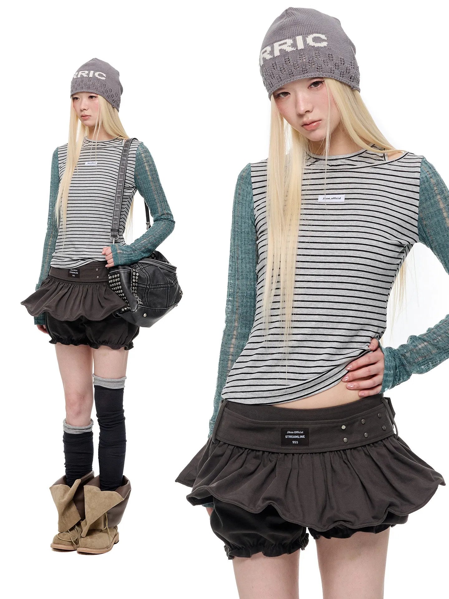 Contrast Stripe Cutout Shoulder T Shirt oliviroa オリヴィオラ