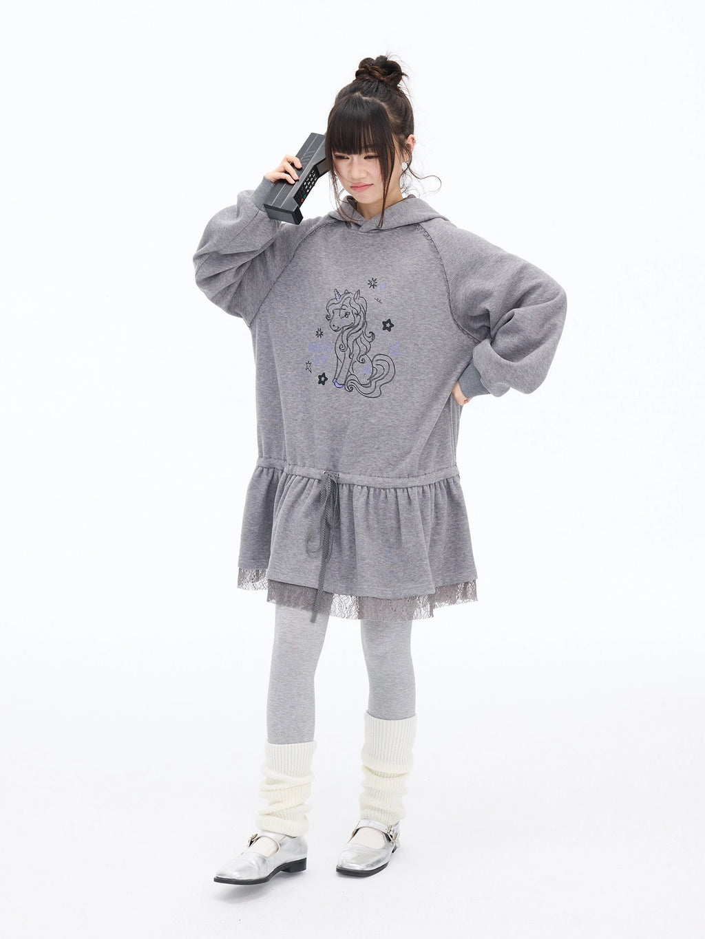 Pony Graphic Long Hooded Sweatshirt Dress OL2398