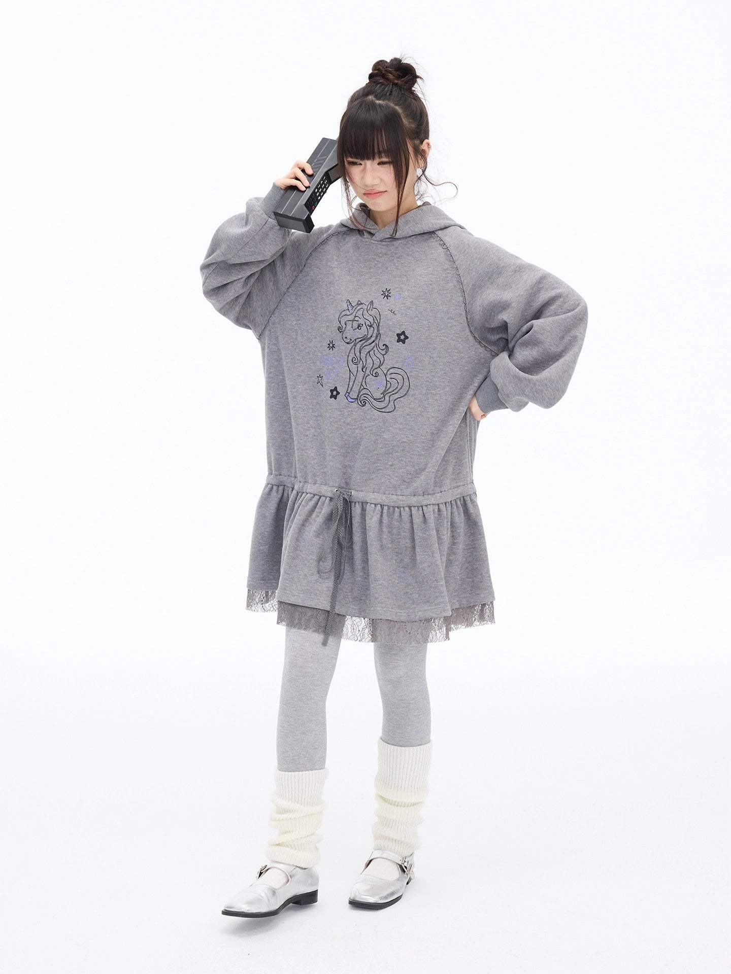 Pony Graphic Long Hooded Sweatshirt Dress OL2398
