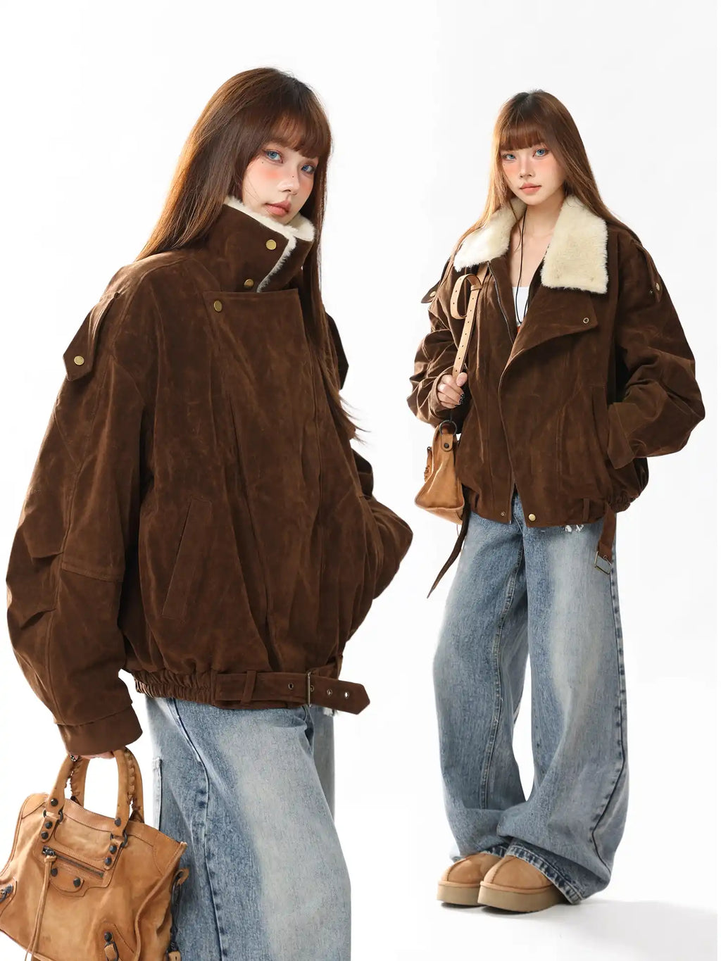 Faux-Suede Parka Jacket with Plush Collar   OL1987