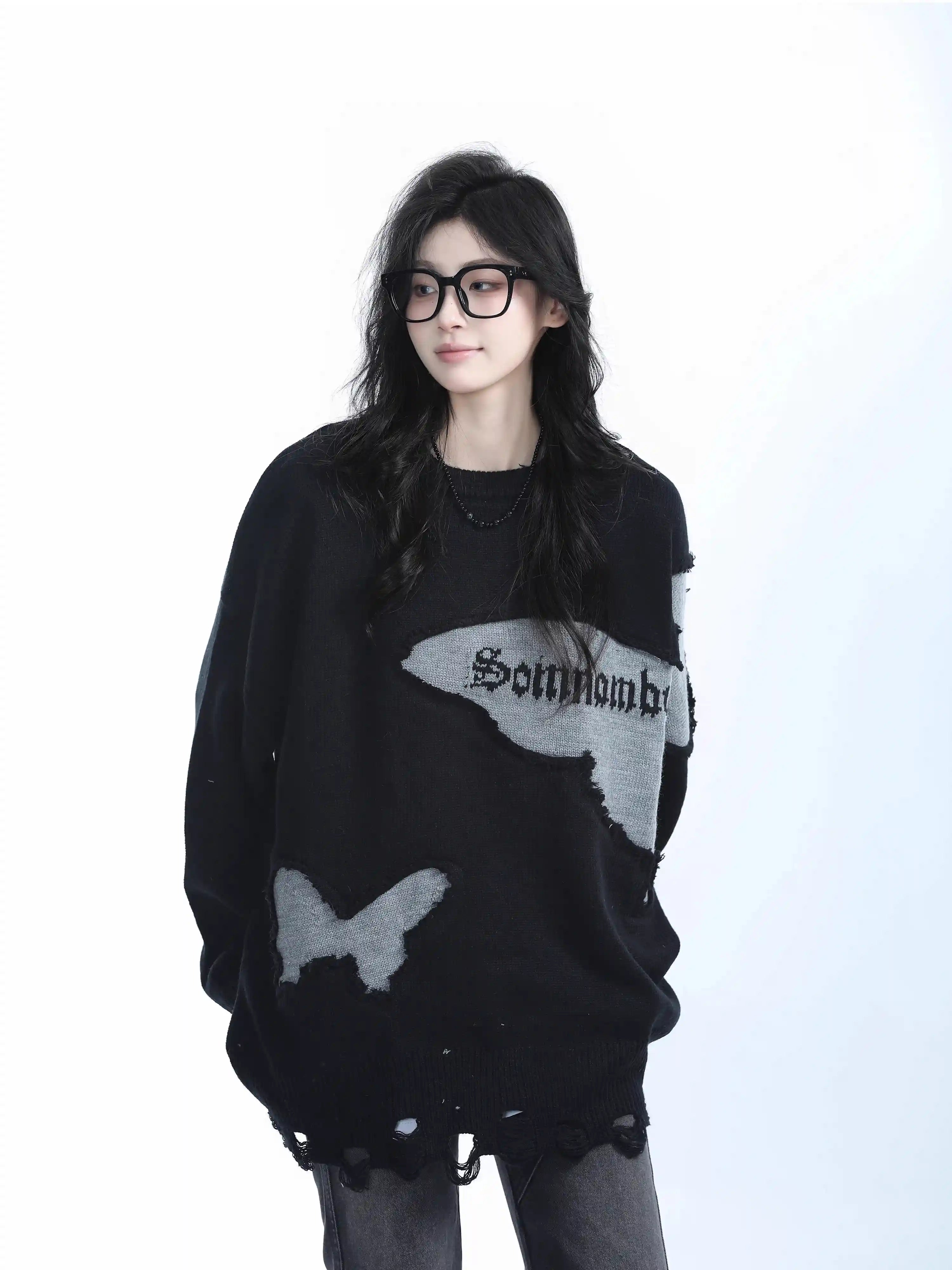 Distressed Butterfly Knit Sweater   OL1992