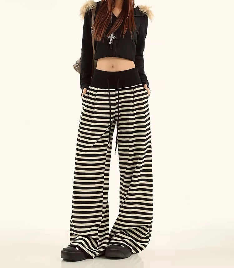 Striped High Waist Drawstring Wide Leg Lounge Pants  oliviroa オリヴィオラ