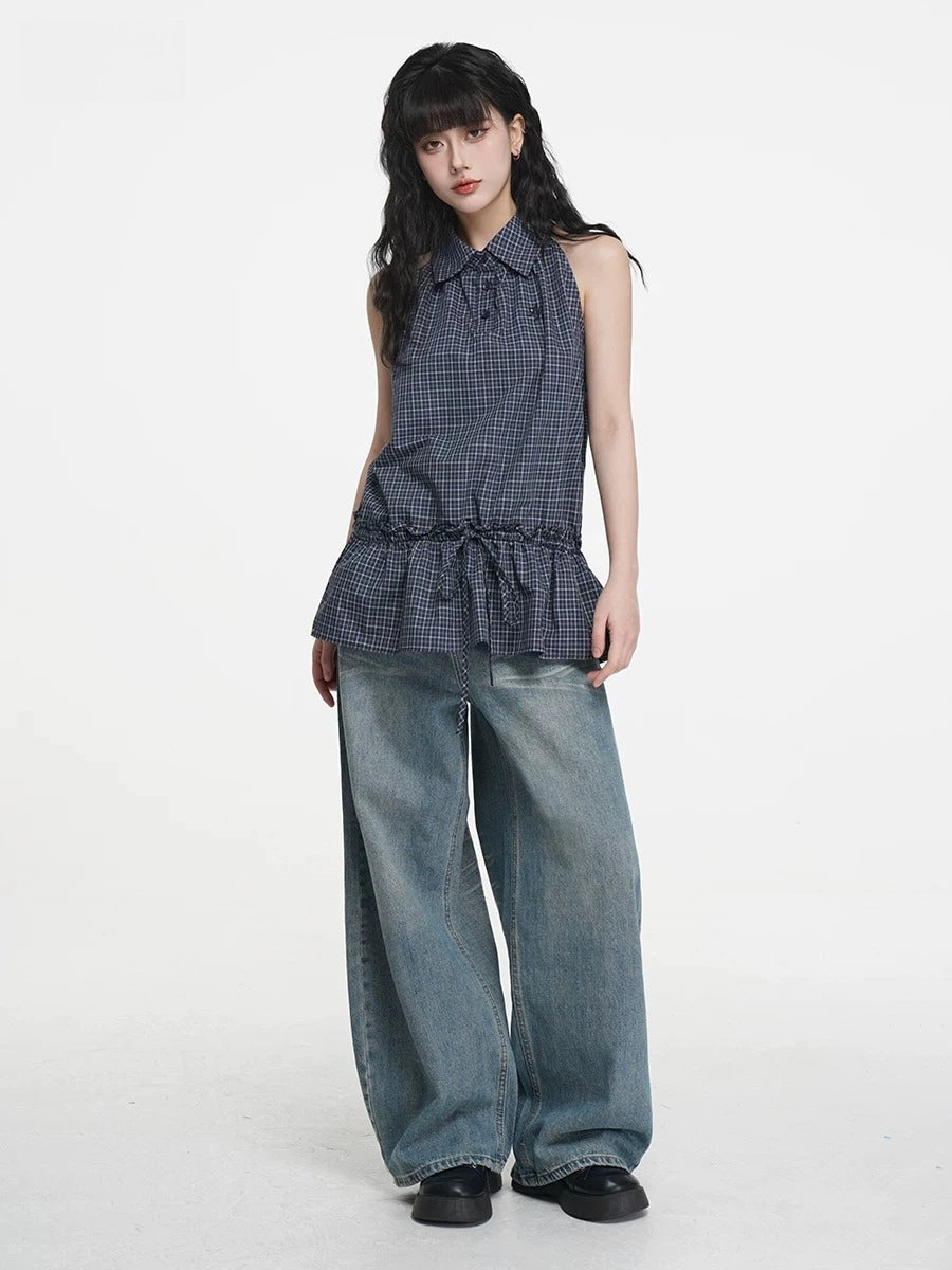 Blue Plaid Sleeveless Shirt OL2335