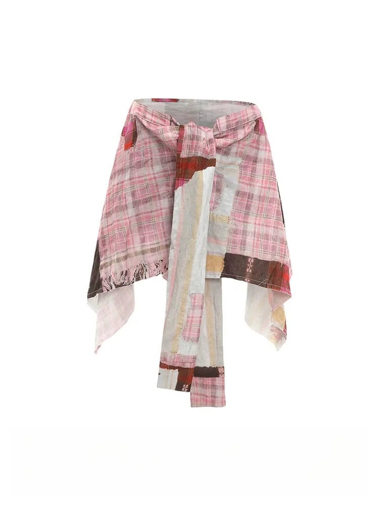 Pink Plaid Asymmetric Wrap Skirt oliviroa オリヴィオラ