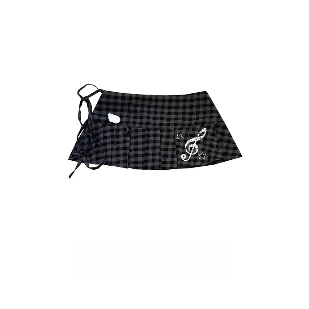Music Note Plaid Pleated Wrap Skirt OLA035