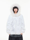 Off White Cartoon Embroidered Faux Fur Hoodie   OL1855