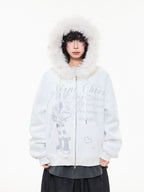 Off-White Cartoon Embroidered Faux Fur Parka