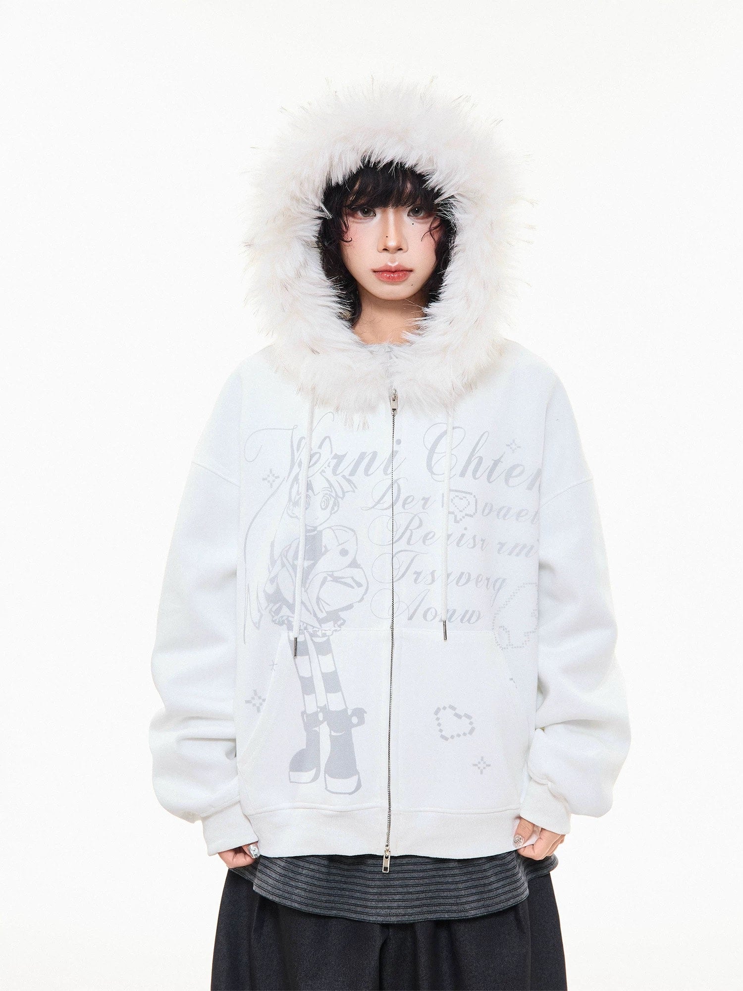 Off-White Cartoon Embroidered Faux Fur Parka