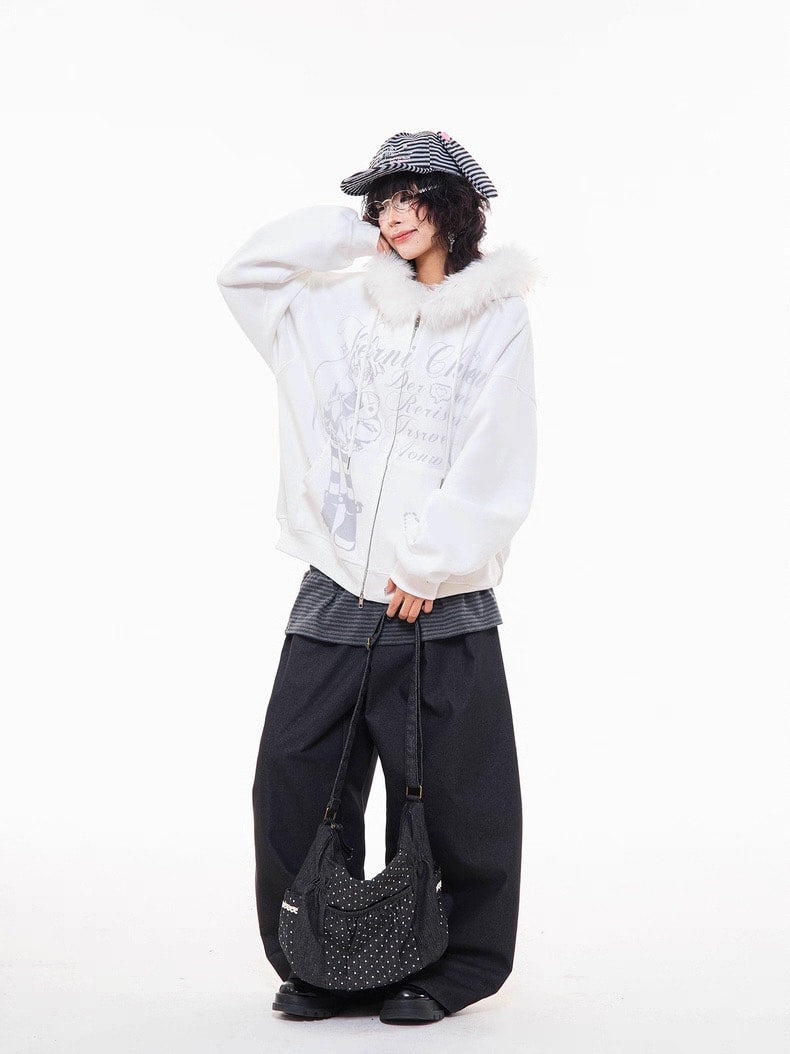 Off-White Cartoon Embroidered Faux Fur Parka