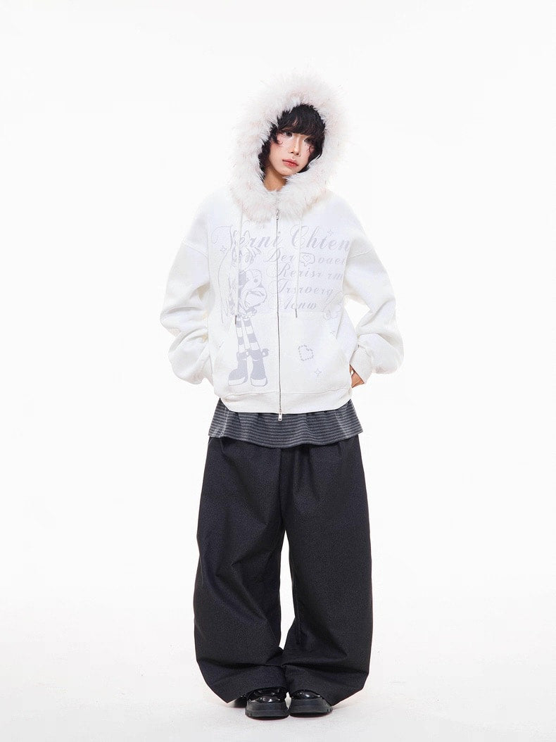 Off-White Cartoon Embroidered Faux Fur Parka