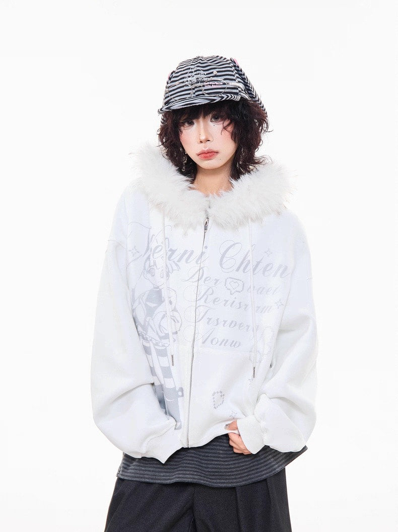 Off-White Cartoon Embroidered Faux Fur Parka