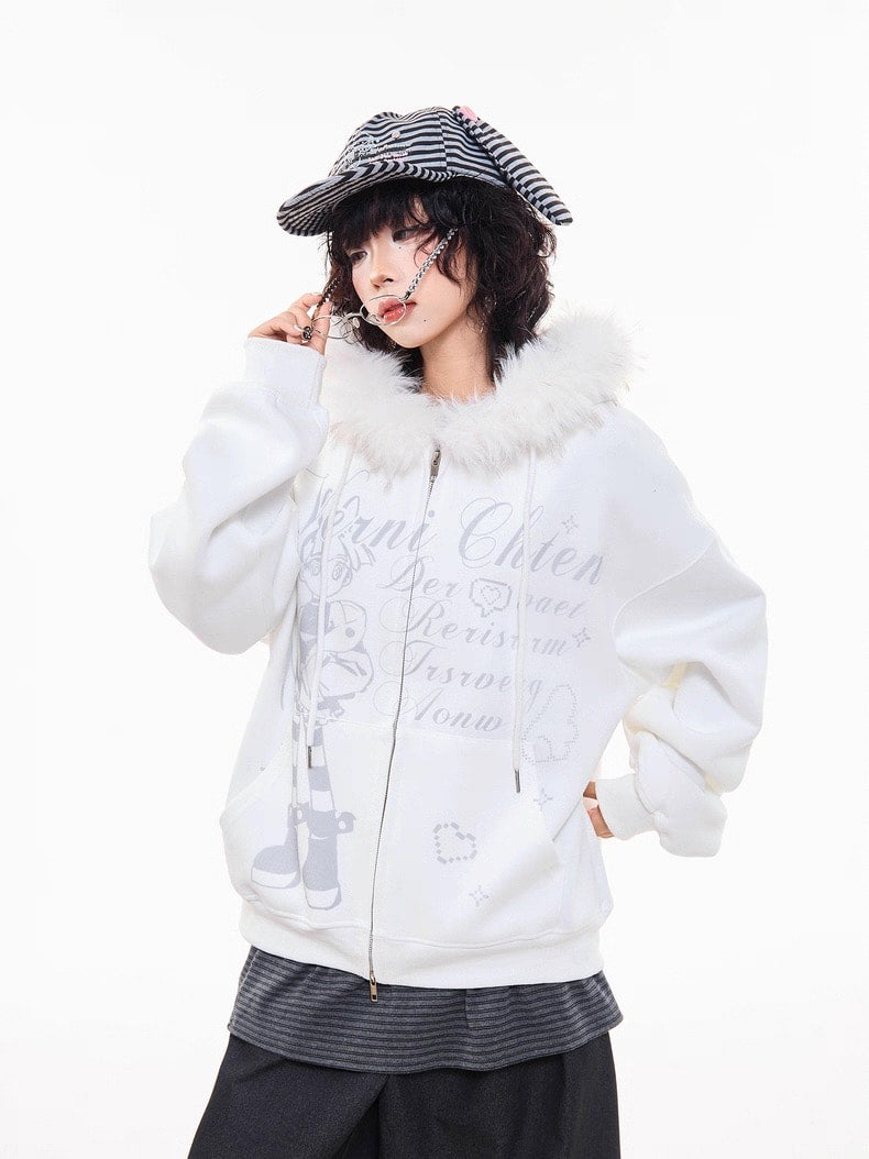 Off-White Cartoon Embroidered Faux Fur Parka