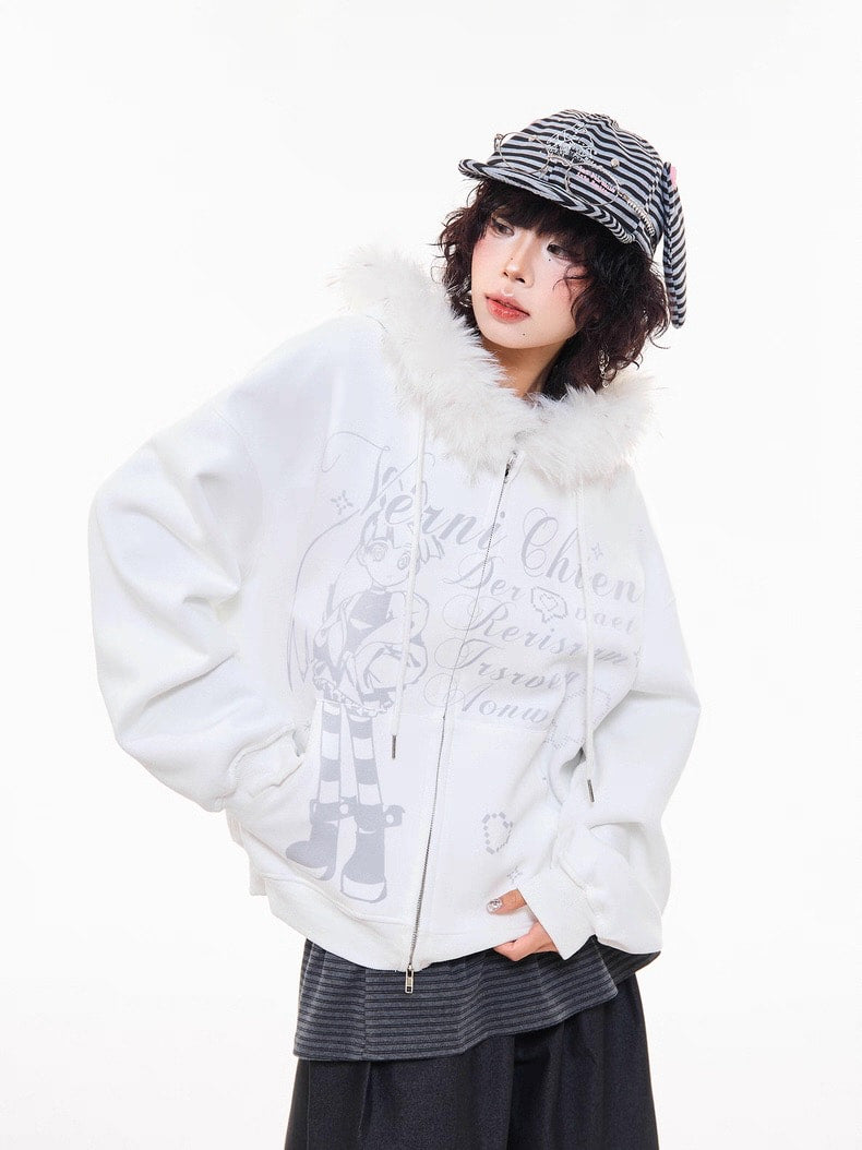 Off-White Cartoon Embroidered Faux Fur Parka