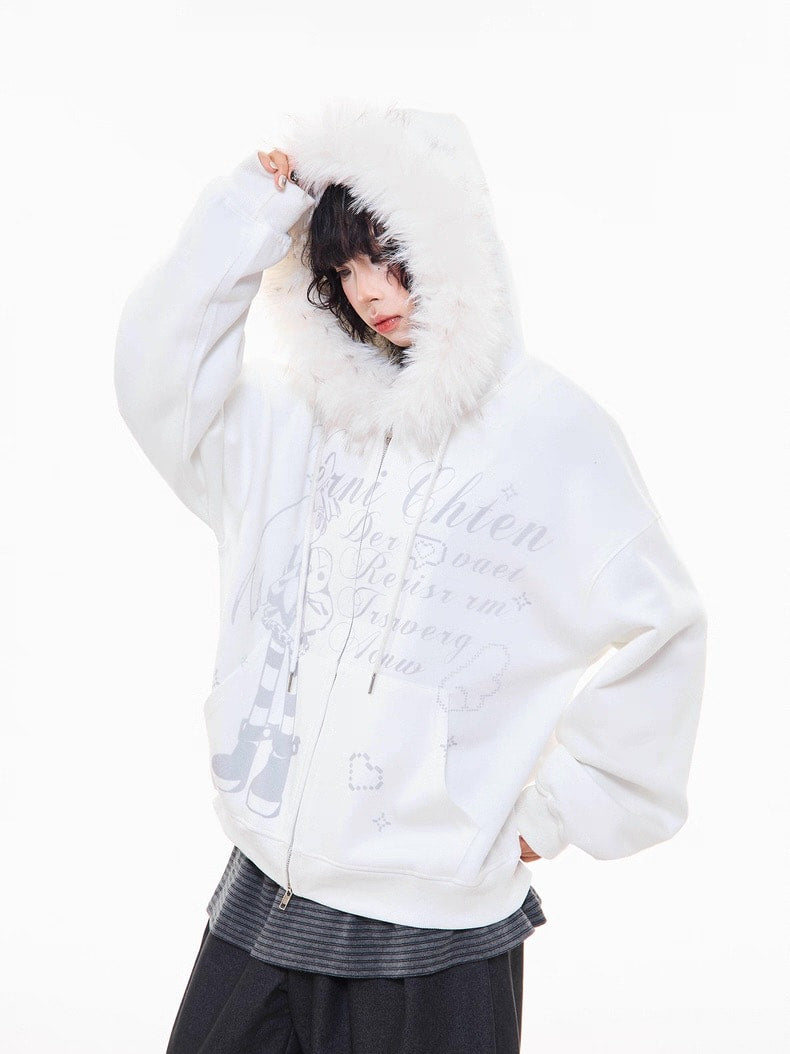 Off-White Cartoon Embroidered Faux Fur Parka