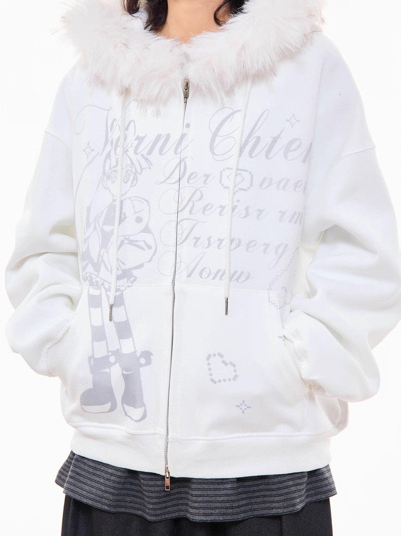 Off-White Cartoon Embroidered Faux Fur Parka