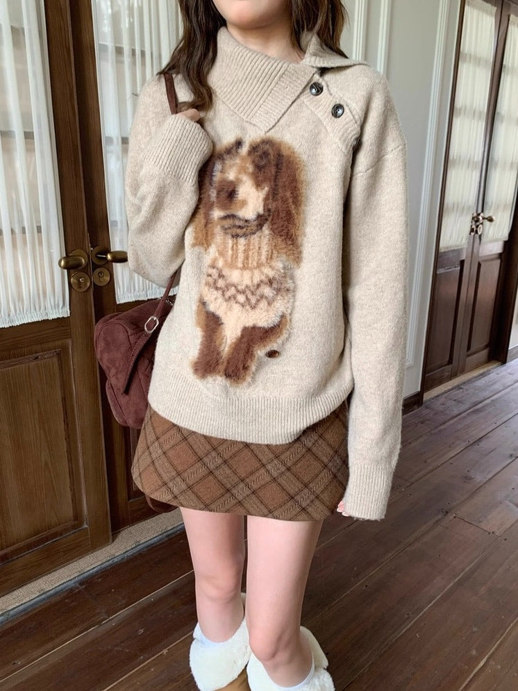 犬柄ボタンネックセーター 2WAYニット