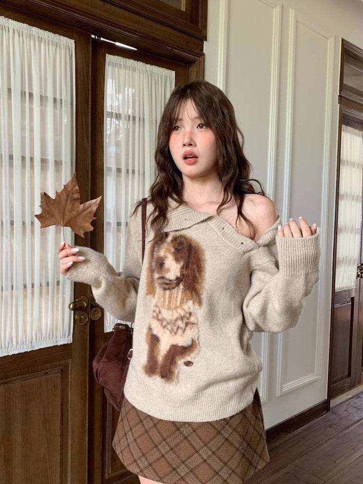 犬柄ボタンネックセーター 2WAYニット