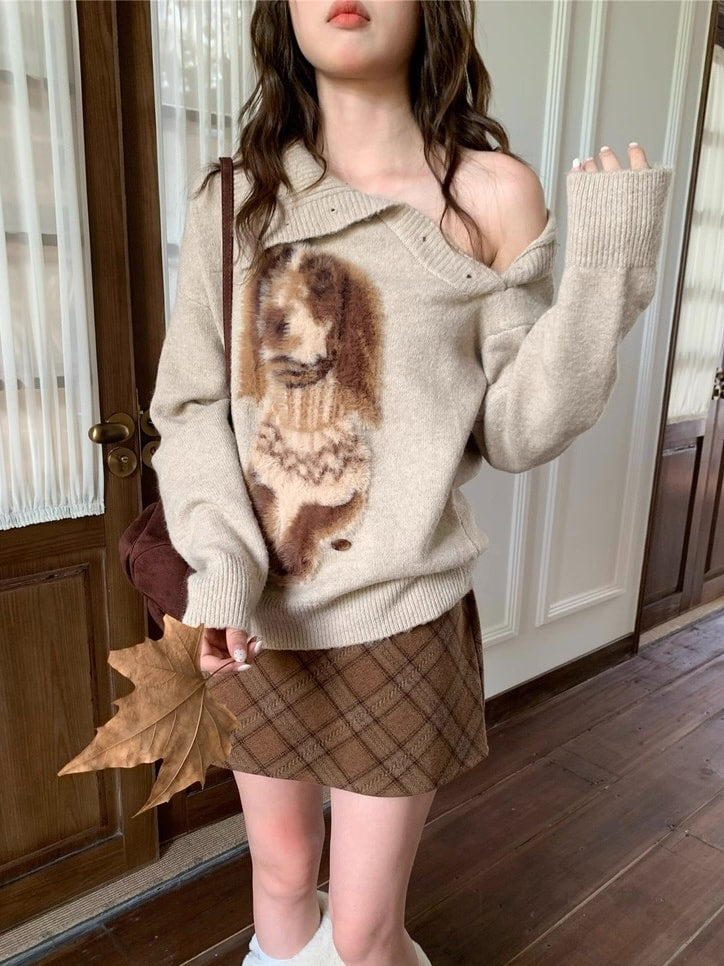 犬柄ボタンネックセーター 2WAYニット