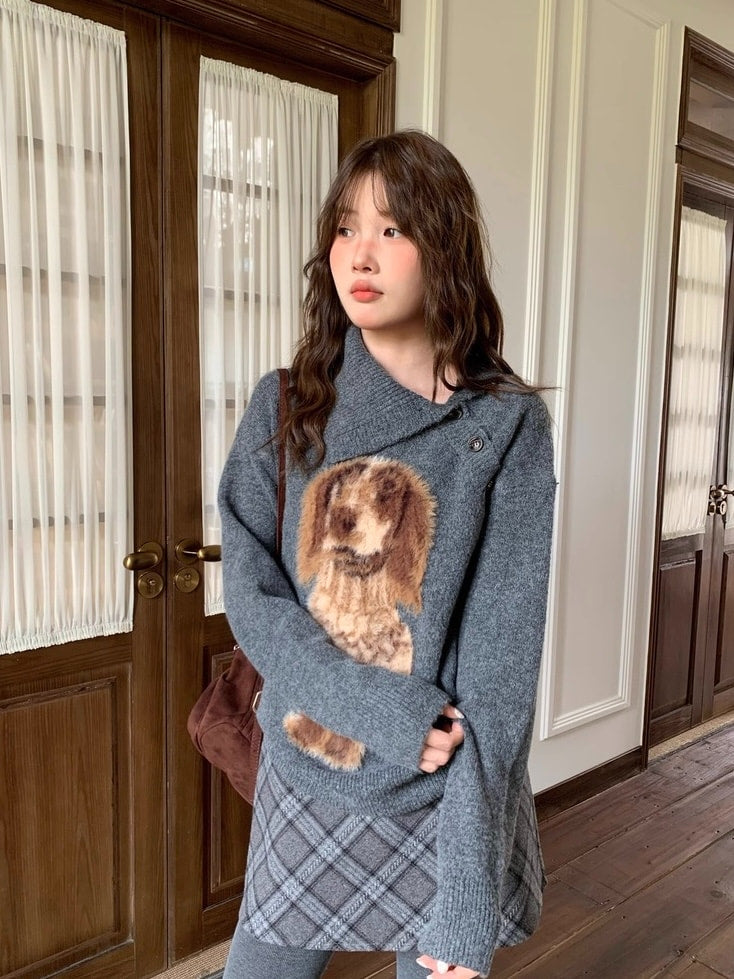 犬柄ボタンネックセーター 2WAYニット