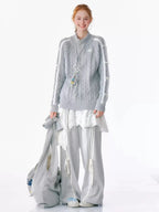 ケーブルニット リボンデザイン ハーフジップセーター