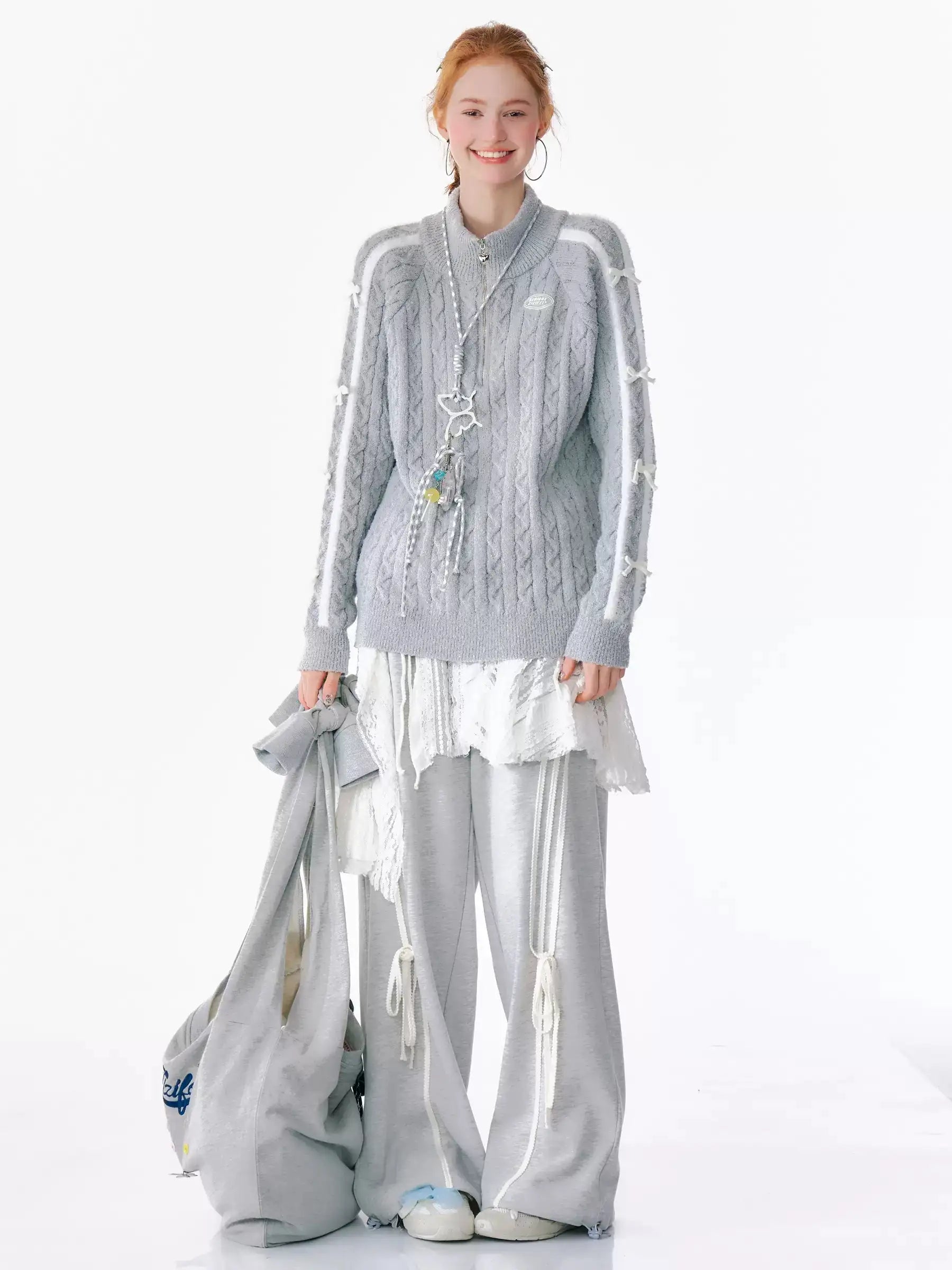 ケーブルニット リボンデザイン ハーフジップセーター