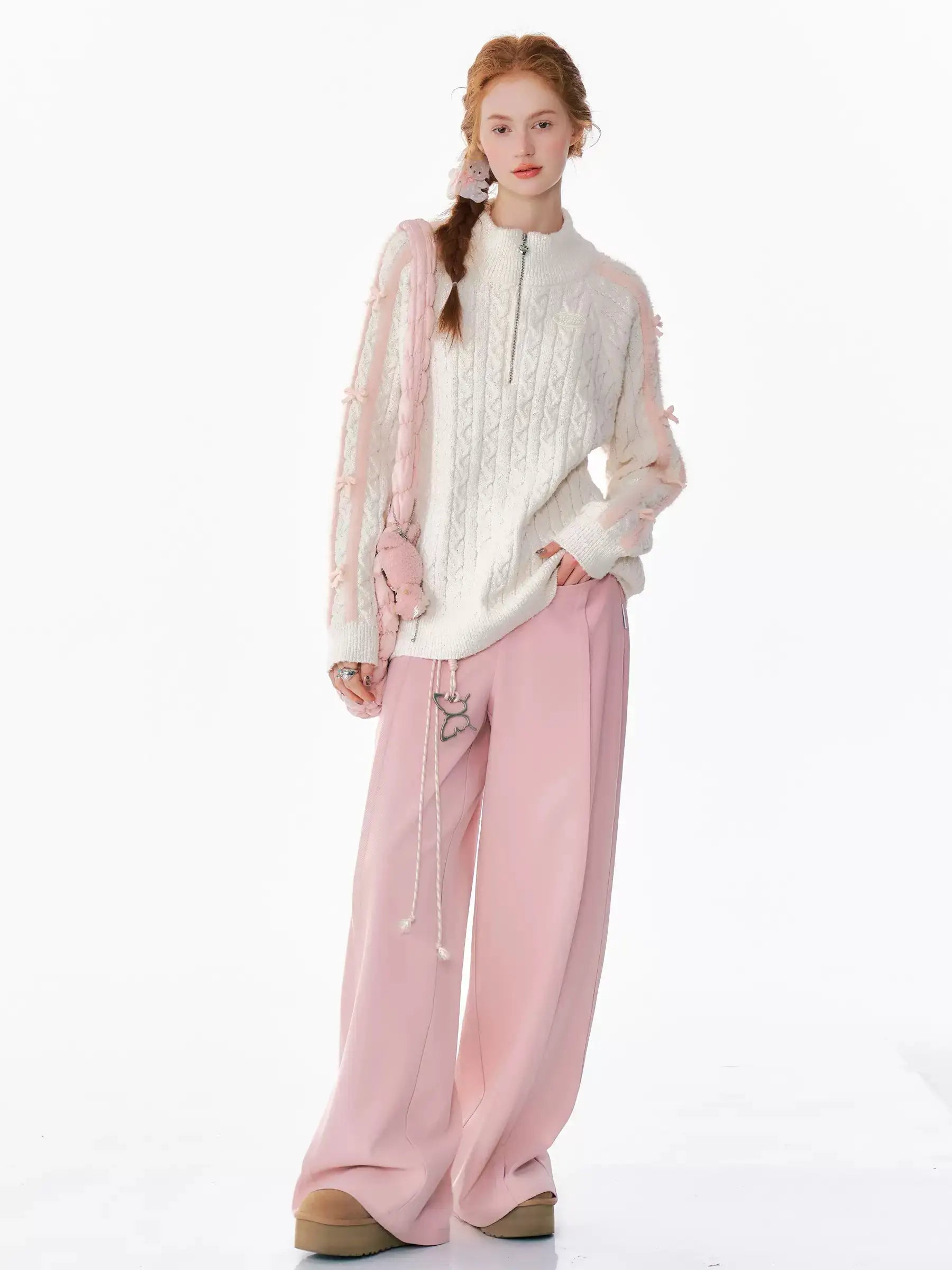 ケーブルニット リボンデザイン ハーフジップセーター