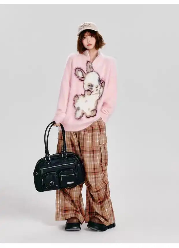 ハーフジップうさぎニットプルオーバー