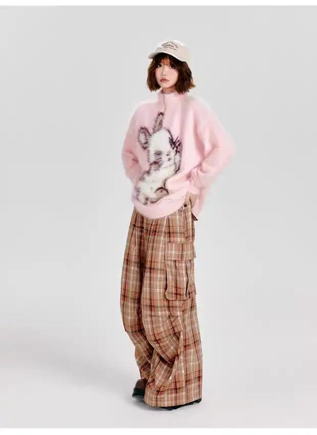 ハーフジップうさぎニットプルオーバー