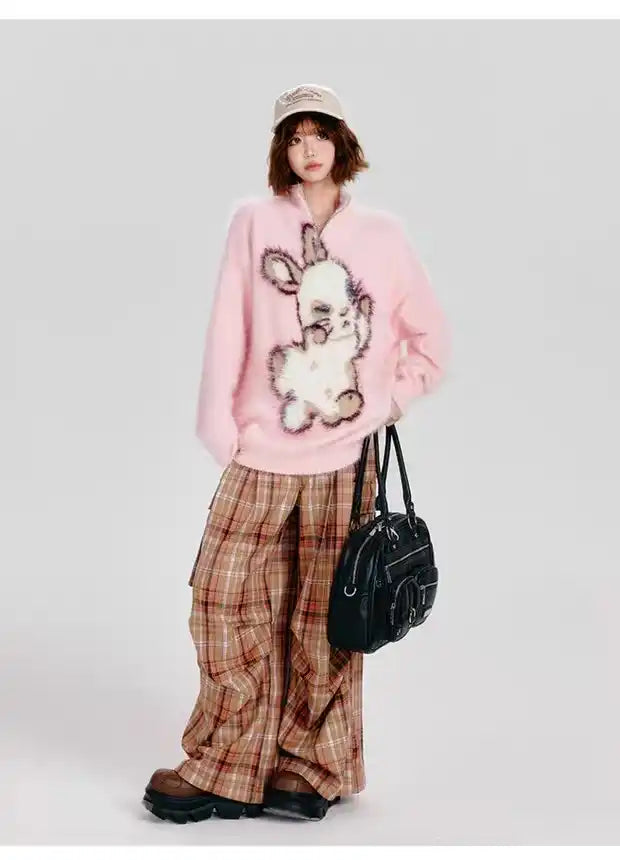 ハーフジップうさぎニットプルオーバー