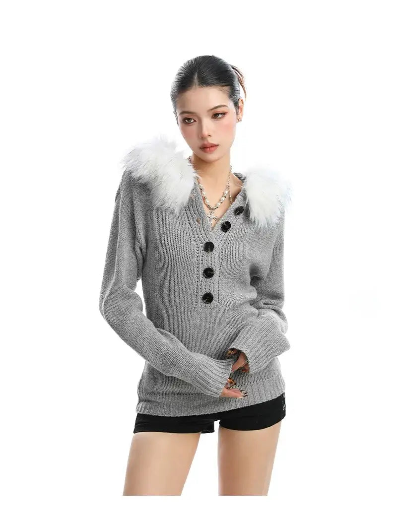 ファー付きフード付きニットウエストシェイプ