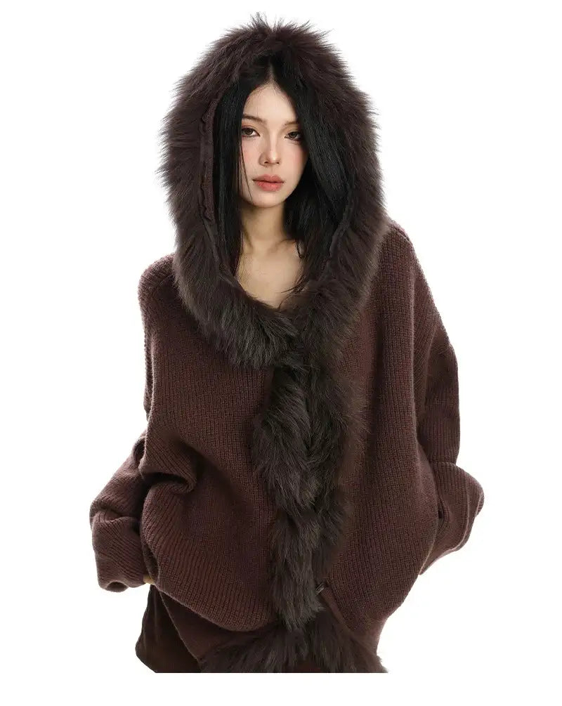 ブラウンファー カーディガン フーディ おしゃれ