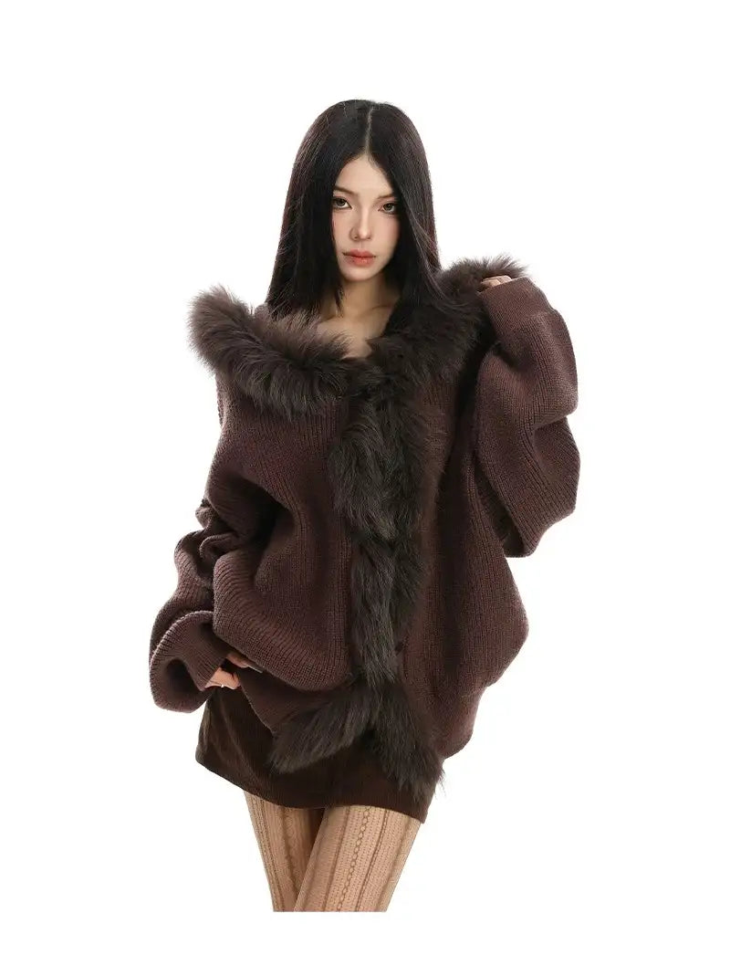 ブラウンファー カーディガン フーディ おしゃれ