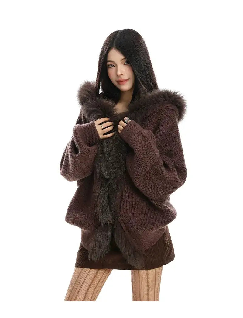 ブラウンファー カーディガン フーディ おしゃれ