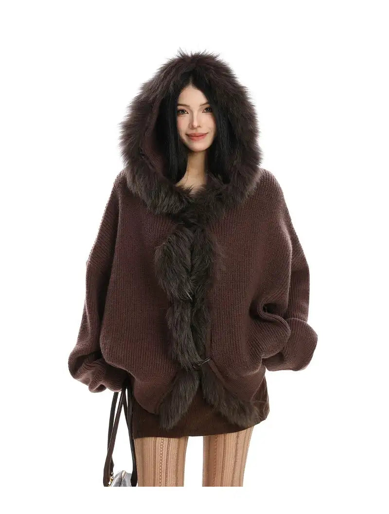 ブラウンファー カーディガン フーディ おしゃれ