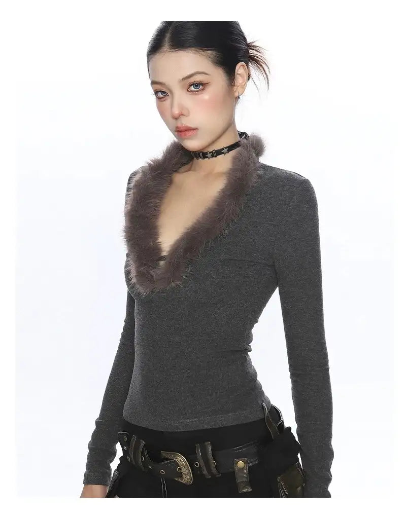 フェザーニットy2kVネックトップス