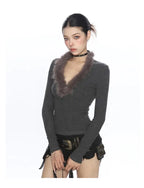 フェザーニットy2kVネックトップス