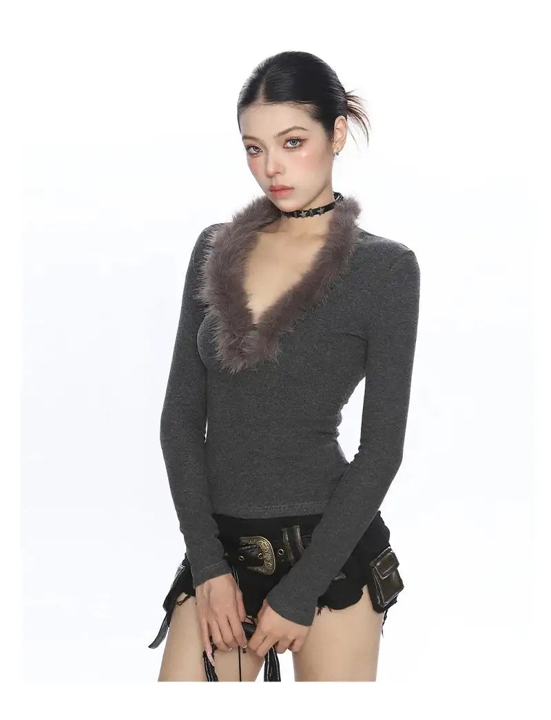 フェザーニットy2kVネックトップス