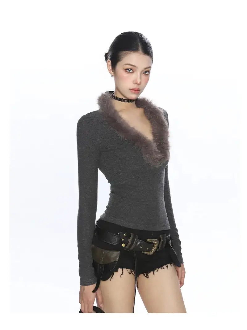 フェザーニットy2kVネックトップス