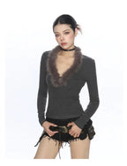 フェザーニットy2kVネックトップス