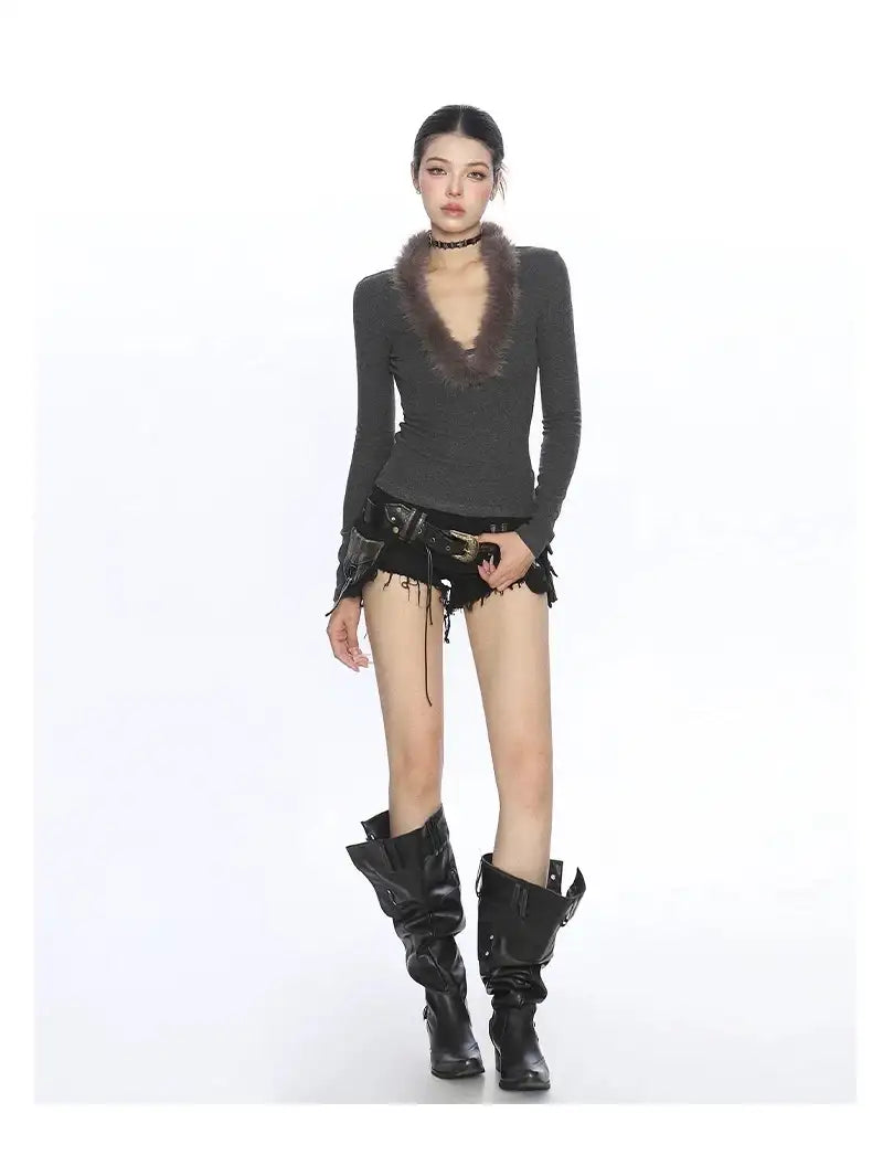 フェザーニットy2kVネックトップス