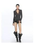 フェザーニットy2kVネックトップス