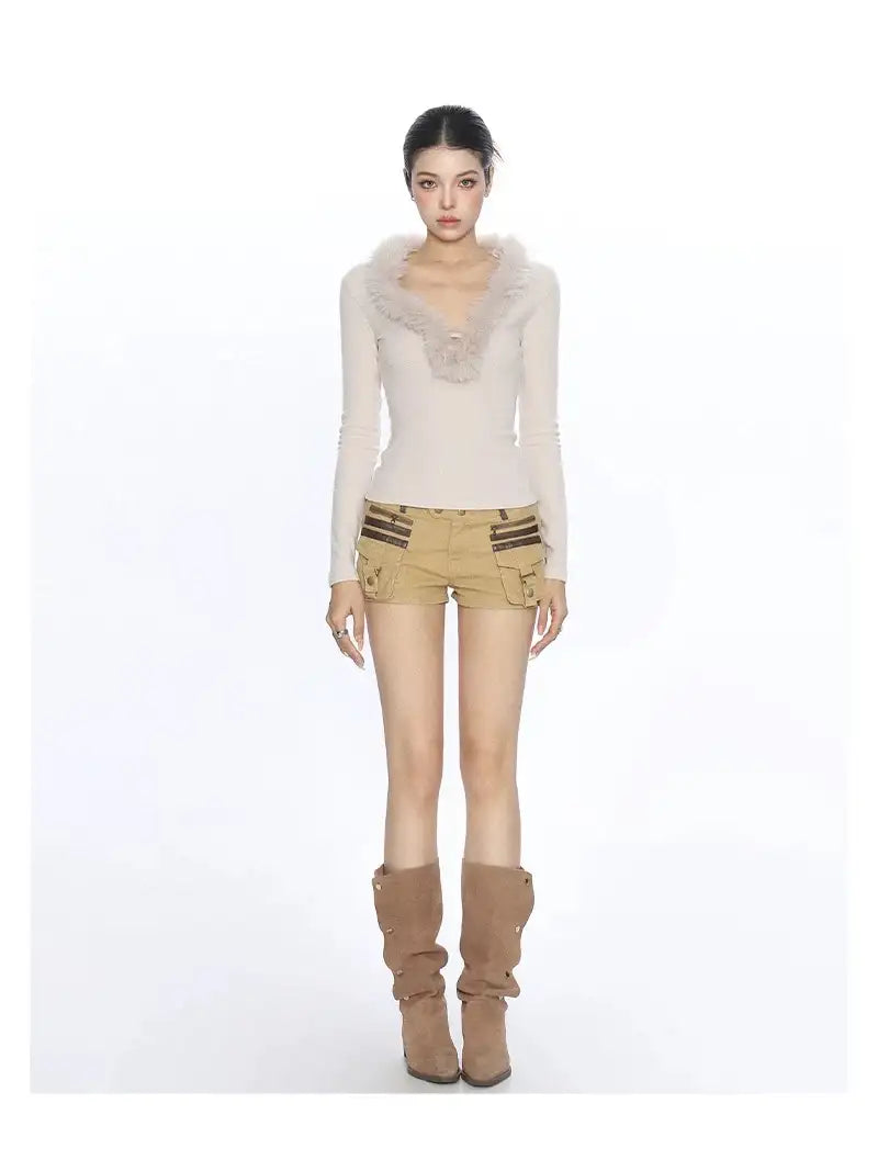 フェザーニットy2kVネックトップス