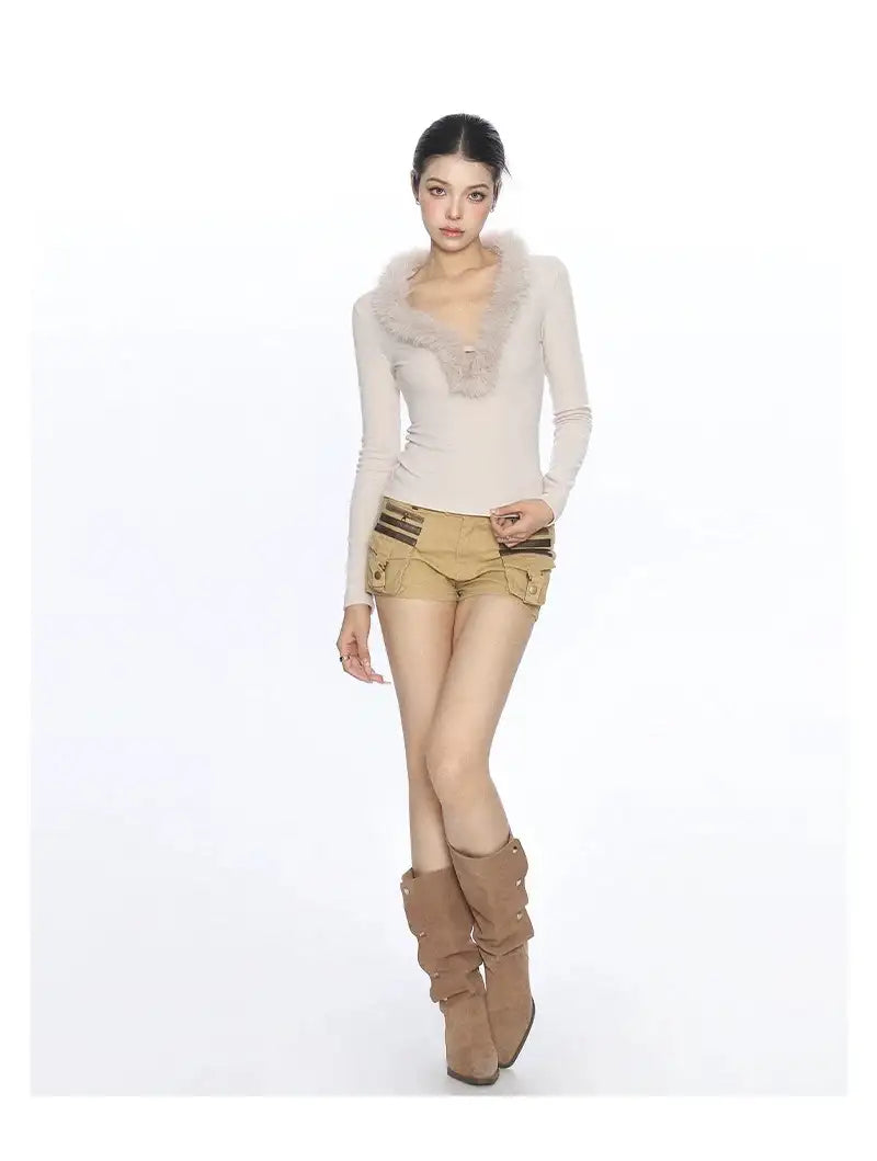 フェザーニットy2kVネックトップス